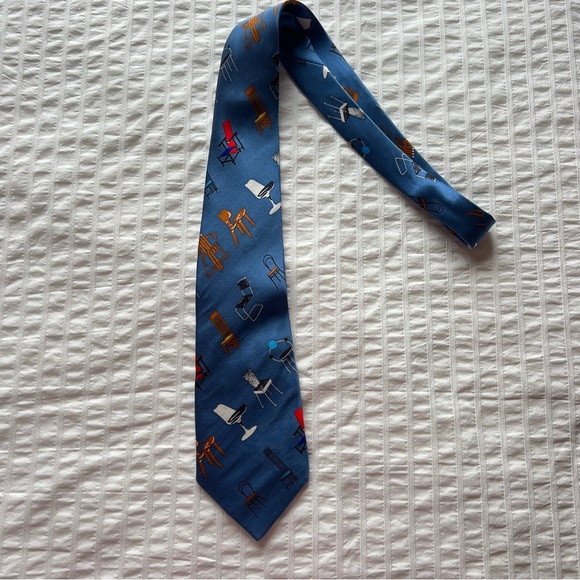 VTG 2000s Acme Studios Adrian Olabuenaga Blue Chair Print Silk Necktie - Picture 3 of 9